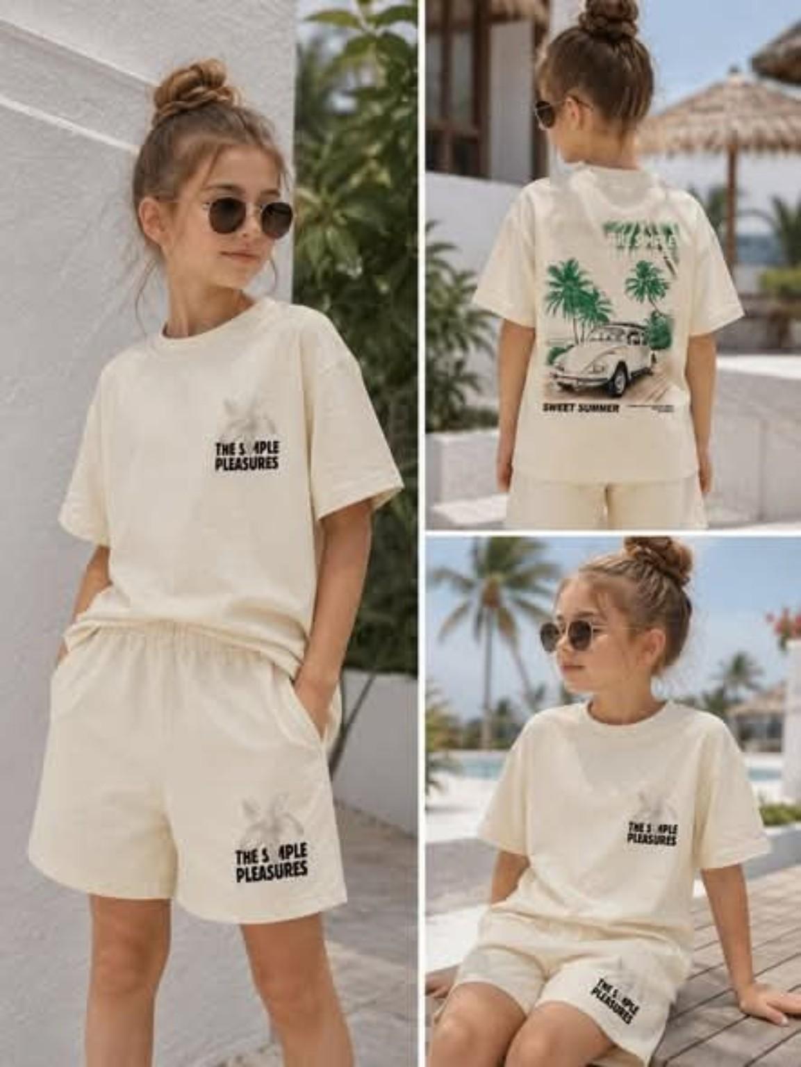 Komplet dziewczęcy oversize wakacyjny t-shirt spodenki 110 116