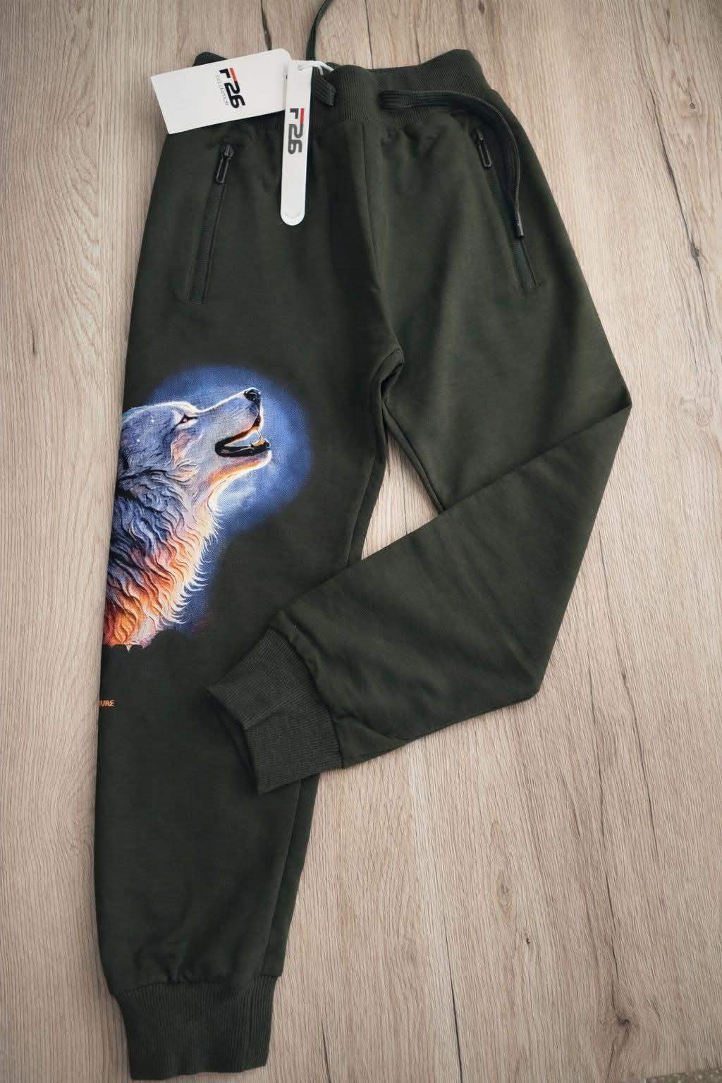 Bawełniane spodnie z wilkiem F26